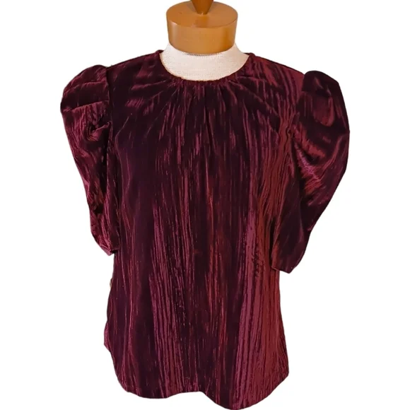 Size Large Leyden Velvet Puff Sleeves Women's Blouse Velvet Dark Burgundy Fall - Picture 1 of 9